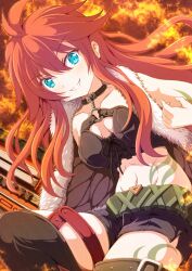  1girl arm_tattoo binzume_suika black_shorts blue_eyes breasts cleavage commentary_request eiyuu_densetsu fiery_background fire fur-trimmed_jacket fur_trim highres jacket leg_tattoo long_hair looking_at_viewer midriff navel open_clothes open_jacket red_hair sen_no_kiseki sen_no_kiseki_iii shirley_orlando shorts smile solo stomach_tattoo tattoo teeth v-shaped_eyebrows 