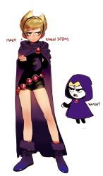  1girl belt blonde_hair boots cape cartoon_network chibi cosplay crossed_arms dc_comics frown full_body hairband highres hood leotard mandy_(billy_&amp;_mandy) mandy_(grim_adventures) pigeon666 raven_(dc) raven_(dc)_(cosplay) simple_background solo standing teen_titans the_grim_adventures_of_billy_&amp;_mandy  rating:Sensitive score:87 user:dmysta3000