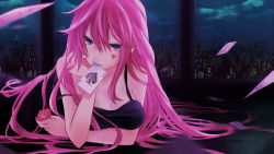  1girl alternate_costume blackjack blue_eyes breasts card card_(object) city cloud dlei facial_mark female_focus flower hand_on_head head_rest heart highres holding holding_flower large_breasts long_hair looking_at_viewer lying megurine_luka mouth_hold night night_sky on_stomach pink_hair poker sky sleeveless solo spade_(card) vocaloid wind 