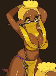  arms_up belly_dancer breasts cropped dark-skinned_female dark_skin fang fang_out frye_(splatoon) jewelry large_breasts mouth_veil nintendo splatoon_(series) splatoon_3 star-shaped_pupils star_(symbol) symbol-shaped_pupils tentacle_hair veil yuta_agc  rating:Questionable score:17 user:Alpha2300