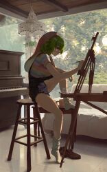  1girl absurdres breasts canvas_(object) commentary easel english_commentary green_hair highres holding holding_paintbrush ichika_maia indie_virtual_youtuber instrument large_breasts leg_up loose_socks medium_hair mocomiliano orange_eyes overall_shorts overalls paintbrush painting_(action) piano profile rainbow_print scenery shirt shoes short_sleeves sitting socks solo stool striped_clothes striped_shirt tile_floor tiles unworn_shoes virtual_youtuber white_socks 