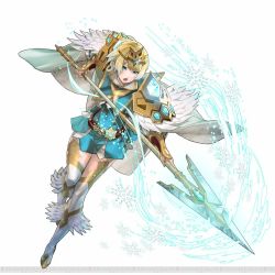  1girl blonde_hair blue_eyes blue_hair cape concept_art crown earrings feather_trim feathers fire_emblem fire_emblem_heroes fjorm_(fire_emblem) full_body gradient_hair highres jewelry long_sleeves multicolored_hair nintendo polearm short_hair simple_background spear thighhighs weapon white_background  rating:Sensitive score:1 user:Paulcelbi