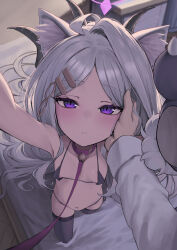  1girl 1other absurdres ahoge animal_ear_fluff bell black_horns black_thighhighs blue_archive blush breasts demon_horns grey_hair highres hina_(blue_archive) horns karadborg loli long_hair multiple_horns navel neck_bell nipples open_mouth pov purple_eyes small_breasts solo_focus thighhighs 