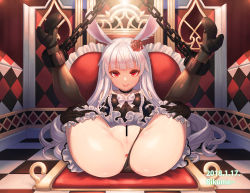 1girl 2018 animal_ears anus artist_name ass bad_id bad_pixiv_id bare_shoulders black_dress black_gloves black_panties black_thighhighs breasts cameltoe censored chain chair cleft_of_venus clothing_aside cuffs dated dress elin flower gloves grin hair_flower hair_ornament high_heels leaning_back legs legs_up long_hair mary_janes panties panties_aside presenting pussy rabbit_ears red_eyes rikume see-through shoes silver_hair sitting small_breasts smile solo spread_legs strapless strapless_dress tera_online thighhighs underwear rating:Explicit score:117 user:danbooru