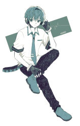  1boy anzu_(o6v6o) blue_eyes blue_hair character_name collared_shirt crossed_legs expressionless fingerless_gloves full_body genderswap genderswap_(ftm) gloves hatsune_mikuo headphones looking_to_the_side male_focus necktie shirt short_hair short_sleeves solo vocaloid 