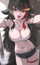  1girl absurdres alternate_costume animal_ear_fluff animal_ears black_hair black_shorts breasts cleavage double_strap_slip fang flower_tattoo hair_ornament heart highres hololive jewelry kkato large_breasts long_hair looking_at_viewer micro_shorts multicolored_hair navel necklace ookami_mio open_mouth red_hair shorts signature skin_fang smile solo tail tattoo thigh_strap two-tone_hair virtual_youtuber wolf_ears wolf_girl wolf_tail yellow_eyes 