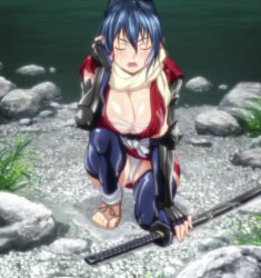  1girl arm_guards blue_hair blush breasts cleavage closed_eyes curvy feet frown grass highres hoods_entertainment japanese_clothes katana kneeling large_breasts leg_warmers legs manyuu_chifusa manyuu_hikenchou nipples open_mouth outdoors panties pantyshot ponytail rock sandals sarashi scarf screencap solo squatting stitched sword takagi_jun thighhighs thighs third-party_edit underwear water weapon wet wet_clothes wet_hair  rating:Questionable score:80 user:kinklychain