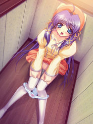 1girl bathroom blue_eyes blue_hair blush bow bow_panties breasts clothes_lift collarbone cosplay_alien game_cg hair_ribbon hat long_hair long_sleeves looking_at_viewer open_mouth panties panty_pull peeing pussy red_headwear red_skirt ribbon shiori_hoshi shirt shisaki_tayu sitting skirt skirt_lift small_breasts surprised teeth thighhighs toilet toilet_use uncensored underwear white_panties white_thighhighs yatsuha_kanan yellow_shirt rating:Explicit score:14 user:spiderfan