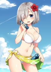  10s 1girl bikini bikini_top_only blue_eyes blush breasts cleavage cloud collarbone female_focus front-tie_bikini_top front-tie_top hair_ornament hair_over_one_eye hamakaze_(kancolle) kantai_collection large_breasts looking_at_viewer navel open_mouth outdoors shima_(shima_je) short_hair silver_hair skirt sky solo standing swimsuit white_bikini wink  rating:Sensitive score:17 user:BlueSphere
