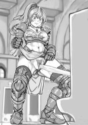 1girl absurdres armor armored_boots bathroom bikini_armor blush boots breastplate closed_mouth clothing_aside collarbone dodomesu female_focus female_pubic_hair full_body gauntlets gluteal_fold greyscale hand_up high_ponytail highres indoors jewelry knight lifted_by_self loincloth long_hair midriff monochrome navel necklace original outline panties panties_aside peeing pelvic_curtain pubic_hair pussy shoulder_armor solo spread_legs standing sweat thighhighs toilet_use toned uncensored underwear urinal urinal_use white_outline rating:Explicit score:28 user:AngryZapdos