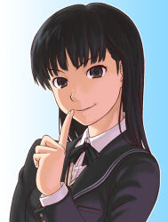 1girl amagami ayatsuji_tsukasa bad_id black_bow black_bowtie black_hair black_jacket black_sailor_collar blazer blue_background bow bowtie brown_eyes brown_sweater_vest close-up collared_shirt commentary dress_shirt finger_to_mouth gradient_background index_finger_raised jacket kibito_high_school_uniform long_hair looking_at_viewer outline parted_lips pointing pointing_up portrait sailor_collar school_uniform shirt smile solo sweater_vest upper_body v-shaped_eyebrows white_outline white_shirt yuuya_(yu-ya&#039;s) 