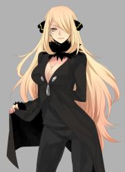  00s 1girl alternate_color bad_id bad_pixiv_id blonde_hair breasts center_opening cleavage collarbone creatures_(company) cynthia_(pokemon) female_focus frown fur fur_trim game_freak goth_fashion grey_background hair_ornament hair_over_one_eye hinase_kei hip_focus holding holding_clothes large_breasts legs long_coat long_hair looking_at_viewer nintendo poke_ball pokemon pokemon_(anime) pokemon_dppt simple_background smile solo standing very_long_hair yellow_eyes  rating:Sensitive score:61 user:danbooru