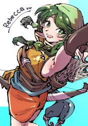  1girl :d armpits arrow_(projectile) bandana bow_(weapon) braid brown_dress brown_gloves character_name commentary_request coral_3535 dress elbow_gloves fingerless_gloves fire_emblem fire_emblem:_the_blazing_blade gloves green_bandana green_eyes green_hair highres long_hair looking_at_viewer nintendo open_mouth quiver rebecca_(fire_emblem) smile solo teeth twin_braids weapon 