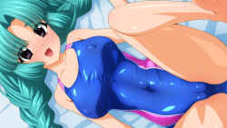  1girl absurdres barefoot blue_one-piece_swimsuit braid breasts cameltoe canal_vorfeed cleft_of_venus competition_swimsuit covered_erect_nipples covered_navel facial_mark forehead_mark green_hair highres large_breasts long_hair looking_at_viewer lost_universe lying one-piece_swimsuit purple_eyes solo spread_legs sugimura_tomokazu swimsuit twin_braids two-tone_swimsuit 