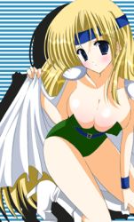  1990s_(style) 1girl asukasunao blonde_hair blush body_blush boots breasts cape celes_chere cleavage female_focus final_fantasy final_fantasy_vi headband high_heels large_breasts leotard long_hair lowres shoes shoulder_pads solo 