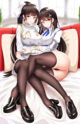  2girls absurdres animal_ears ass azur_lane bad_id bad_pixiv_id black_footwear black_hair black_legwear blush bow breasts brown_eyes cameltoe choukai_(azur_lane) cleft_of_venus clenched_teeth couch glaring gloves hair_between_eyes hair_bow hair_flaps hair_ornament highres hug large_breasts loafers long_hair long_sleeves looking_at_viewer military military_uniform multiple_girls narrow_waist nekoda_(maoda) pantyhose pleated_skirt ponytail ribbon shirt shoes sitting skirt smile takao_(azur_lane) teeth thighhighs uniform very_long_hair white_bow  rating:Questionable score:45 user:danbooru