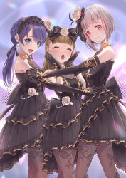  3girls :d ^_^ absurdres backless_dress backless_outfit black_bow black_dress black_gloves black_hairband black_pantyhose black_ribbon blue_eyes blue_hair blunt_bangs blurry blurry_background blush bob_cut bow braid brown_hair center-flap_bangs chestnut_mouth closed_eyes closed_mouth colored_inner_hair commentary dark_blue_hair diagonal_bangs dollchestra dress dress_flower elbow_gloves feet_out_of_frame floral_print flower flower_hairband frilled_hairband frills gloves grey_hair group_hug hair_bow hair_flower hair_ornament hair_ribbon hairband hands_on_own_cheeks hands_on_own_face high-low_skirt highres hug inverted_bob kachimachi_kosuzu kobassy light_particles link!_like!_love_live! long_hair looking_at_viewer love_live! low_twintails multicolored_hair multiple_girls murano_sayaka open_mouth pantyhose print_pantyhose red_eyes red_hair ribbon rose short_dress short_hair side_braids single_elbow_glove sleeveless sleeveless_dress smile sparkly_spot_(love_live!) streaked_hair teeth twintails upper_teeth_only virtual_youtuber white_flower white_rose yugiri_tsuzuri 