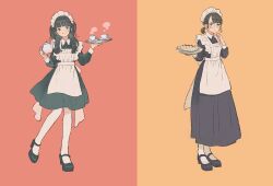  2girls absurdres apron black_dress black_eyes black_footwear black_hair blunt_bangs cookie dress food full_body glasses hand_up highres holding holding_cookie holding_food holding_teapot holding_tray inoue_haruka_(haruharu210) long_sleeves maid maid_apron maid_headdress mary_janes multiple_girls original pantyhose parted_bangs red_background shoes short_hair simple_background smile standing steam teapot tray twintails two-tone_background white_pantyhose yellow_background 