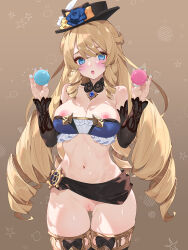  1girl :o alternate_costume bare_shoulders black_hat black_sleeves blonde_hair blue_eyes blue_gemstone blue_nails blue_tube_top blush breasts brown_background censored collarbone cowboy_shot detached_sleeves drill_hair drill_sidelocks flower food gem genshin_impact gradient_background hands_up hat hat_flower highres holding holding_food lace-trimmed_collar lace_trim large_breasts legs_together long_hair looking_at_viewer macaron mosaic_censoring nail_polish navel navia_(genshin_impact) nipples open_mouth pussy_juice ship&#039;s_wheel_ornament sidelocks stomach strapless thigh_gap tube_top waterring 