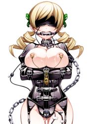 10s 1girl bdsm bit_gag blindfold blonde_hair bondage bound breasts chain chain_leash collar drill_hair female_focus gag gagged gluteal_fold intravenous_drip large_breasts leash linked_piercing long_hair mahou_shoujo_madoka_magica mahou_shoujo_madoka_magica_(anime) nipple_chain nipple_clamps nipple_piercing nipples piercing pipelining simple_background solo soul_gem straitjacket thigh_gap tomoe_mami torigoe_takumi twin_drills twintails white_background rating:Questionable score:199 user:danbooru
