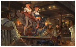 4girls 6+boys :d ^_^ alcohol alphonse_(white_datura) back beard belt black_hair blonde_hair bloomers blue_dress bottle braid breasts brown_eyes brown_hair bullet candle candlestand chair cigarette clapping closed_eyes comic corset cowboy_hat cowboy_western cup dancing dress drinking_glass facial_hair fedora grey_legwear guitar hand_fan hat high_heels highres holding instrument leg_up lifted_by_self loli long_hair mary_janes medium_breasts multiple_boys multiple_girls mustache neckerchief open_mouth orange_theme original painting_(object) piano pipe_in_mouth plant poker_chip potted_plant puffy_sleeves shoes sitting skirt sleeves_rolled_up small_breasts smile smoking_pipe suspenders table teeth thighhighs twin_braids underwear violin whiskey rating:Sensitive score:140 user:danbooru