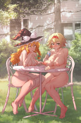 2girls alice_margatroid barefoot black_headwear blonde_hair blush braid breasts bush chair commentary_request completely_nude cup day drinking drinking_glass drinking_straw feet female_pubic_hair full_body garden grass green_eyes hairband hat highres house kirisame_marisa large_areolae large_breasts long_hair looking_at_viewer multiple_girls nail_polish navel nipple_stimulation nipple_tweak nipples nude nudist on_chair outdoors pubic_hair red_hairband senmura short_hair single_braid sitting sunlight sweat table toenail_polish toenails toes touhou tree window witch_hat yellow_eyes yuri rating:Questionable score:214 user:danbooru