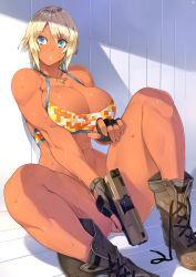  1girl 23_(real_xxiii) abs bikini black_gloves blonde_hair blue_eyes blush boots bottomless breasts cleavage cross cross_necklace dark-skinned_female dark_skin fingerless_gloves gloves gun handgun highres holding huge_breasts jewelry large_breasts necklace no_panties original parted_lips pistol sela_(23) shoes short_hair solo sweat swimsuit toned trigger_discipline untied_footwear weapon  rating:Questionable score:170 user:danbooru