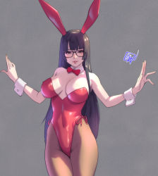 1girl animal_ears bare_shoulders black-framed_eyewear black_hair blunt_bangs bow bowtie breasts brown_eyes cleavage commentary_request covered_navel detached_collar fake_animal_ears female_focus fujii_eishun glasses grey_background hair_ornament hands_up highleg highleg_leotard highres hime_cut large_breasts leotard lips long_hair looking_at_viewer original pantyhose parted_lips playboy_bunny rabbit_ears red_bow red_bowtie red_leotard shiny_clothes signature simple_background smile solo standing wrist_cuffs rating:Sensitive score:30 user:danbooru