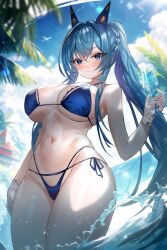  1girl 7_n bikini blue_bikini blue_eyes blue_hair blush breasts closed_mouth cup curvy gloves goddess_of_victory:_nikke helm_(aqua_marine)_(nikke) helm_(nikke) high_ponytail highres holding holding_cup large_breasts long_hair looking_at_viewer official_alternate_costume ponytail solo swimsuit thick_thighs thighs white_gloves wide_hips 