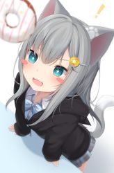 ! +_+ 1girl :d amashiro_natsuki animal_ears arm_support black_jacket blue_bow blue_eyes blurry blurry_foreground blush blush_stickers bow cat_ears cat_girl cat_tail collared_shirt commentary depth_of_field doughnut fang food food-themed_hair_ornament grey_hair grey_skirt hair_between_eyes hair_ornament hairclip highres hood hood_down hooded_jacket jacket long_hair long_sleeves nachoneko open_mouth original plaid plaid_skirt pleated_skirt shirt simple_background skirt sleeves_past_wrists smile solo tail very_long_hair white_background white_shirt rating:Sensitive score:18 user:danbooru