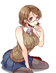 10s 1girl ajishio alternate_costume arm_support bare_shoulders blue_skirt blush breasts brown_footwear brown_hair collared_shirt glasses hand_up koizumi_hanayo large_breasts looking_at_viewer love_live! love_live!_school_idol_project miniskirt open_mouth pantyhose pleated_skirt purple_eyes shadow shirt shoes short_hair simple_background sitting skirt sleeveless sleeveless_shirt solo sweater sweater_vest wariza white_background white_shirt rating:Sensitive score:42 user:danbooru