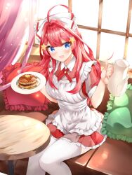  1girl :d absurdres ahoge alternate_costume apron backlighting blue_eyes breasts collared_dress commentary_request couch cushion dress enmaided food go-toubun_no_hanayome hair_ornament hair_ribbon highres holding holding_plate indoors large_breasts long_hair looking_at_viewer maid maid_apron nakano_itsuki on_couch open_mouth pancake plate red_dress red_hair ribbon round_table shizuku_(shizukusushi) short_sleeves sitting smile solo star_(symbol) star_hair_ornament table thighhighs white_ribbon white_thighhighs 