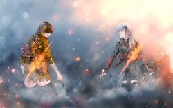  2girls battlefield battlefield_(series) battlefield_1 brown_eyes brown_hair closed_mouth eyepatch girls&#039;_frontline green_eyes gun handgun highres hk416_(girls&#039;_frontline) long_hair looking_at_another luger_p08 lzypoipoi m16a1_(girls&#039;_frontline) m1911 multicolored_hair multiple_girls smile weapon white_hair 