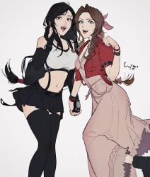  2girls absurdres aerith_gainsborough bangle bare_shoulders black_hair black_skirt black_thighhighs bracelet braid braided_ponytail breasts brown_hair commentary_request crop_top cropped_jacket dress elbow_gloves feet_out_of_frame final_fantasy final_fantasy_vii final_fantasy_vii_rebirth final_fantasy_vii_remake fingerless_gloves gloves green_eyes grey_background hair_ribbon hand_up highres holding_hands jacket jewelry large_breasts long_hair looking_at_viewer low-tied_long_hair materia midriff multiple_girls navel open_clothes open_jacket open_mouth parted_bangs pink_dress pink_ribbon red_eyes red_jacket ribbon sanuki_uudon3 simple_background single_sidelock skirt small_breasts suspender_skirt suspenders swept_bangs tank_top teeth thighhighs tifa_lockhart upper_teeth_only white_tank_top zettai_ryouiki 