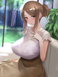  1girl absurdres blush bra bra_visible_through_clothes breasts brown_hair brown_skirt couch drawing_(object) earrings grass hair_bun hand_on_own_chest high-waist_skirt highres hima indoors jewelry large_breasts long_skirt looking_at_viewer mature_female original picture_frame plant purple_bra screen_door shirt short_sleeves sidelocks sitting skirt smile solo tree underwear white_shirt window 