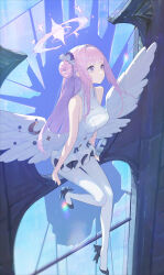  1girl absurdres angel_wings bare_arms bare_shoulders black_bow black_footwear blue_archive blue_bow bow breasts broken_glass buttons commentary double-breasted dress dress_bow feathered_wings footwear_bow frilled_dress frills glass hair_bun hair_ornament hair_scrunchie halo high_heels highres large_breasts long_hair looking_to_the_side low_wings mika_(blue_archive) nikki_l pantyhose pink_hair purple_eyes scrunchie sitting sitting_in_window sleeveless sleeveless_dress solo stained_glass very_long_hair white_dress white_pantyhose wing_decorations wings 