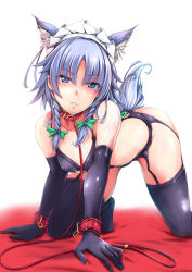 1girl all_fours anal_tail animal_ears bare_shoulders belt black_bra black_gloves black_panties black_thighhighs blue_eyes bow bra braid breasts butt_plug collar cum cum_on_body cum_on_breasts cum_on_upper_body cyoppu dog_ears elbow_gloves fake_tail garter_belt gloves green_bow hair_bow head_tilt highres izayoi_sakuya kemonomimi_mode leash looking_at_viewer maid_headdress medium_breasts panties pet_play red_collar sex_toy smile solo sweat tail thighhighs touhou twin_braids underwear underwear_only white_background rating:Explicit score:54 user:danbooru