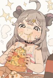  1girl absurdres ahoge bandaid bandaid_on_cheek bandaid_on_face bare_shoulders black_choker blush bright_pupils brown_eyes camisole cheese_trail choker closed_mouth commentary_request crossed_bangs crying crying_with_eyes_open eating flat_chest food food_on_hand grey_hair hair_between_eyes hair_flaps hair_ornament hairclip happy_tears highres holding holding_food holding_pizza long_hair macci_(opossumachine) opossumachine original pepperoni pink_camisole pizza pizza_box pizza_slice possum_ears possum_girl sidelocks soda_bottle solo sparkle striped_camisole sweat tears upper_body white_background white_pupils 