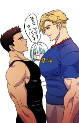  1girl 2boys absurdres aitanso ao_isami bara black_hair black_tank_top blonde_hair couple cowboy_shot doodle_inset expressionless eye_contact facial_hair from_side fujoshi highres large_pectorals lewis_smith looking_at_another lulu_(bang_bravern) male_focus multiple_boys muscular muscular_male pectoral_docking pectoral_press pectorals profile sideburns_stubble sidepec stubble tank_top thick_eyebrows translation_request triceps yaoi yuuki_bakuhatsu_bang_bravern 