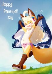  1girl :3 :d aas_(aasjpvm) absurdres ahoge animal_ear_fluff animal_ears animal_feet animal_nose ankle_bell bandaid bandaid_on_knee bandaid_on_leg blonde_hair blue_dress blue_sky blush_stickers body_fur bow brown_fur closed_eyes cloud commentary day dress dress_bow english_commentary flat_chest fox_ears fox_girl fox_tail furry furry_female grass hair_between_eyes hands_up happy heart highres loli long_hair miu_(aas) multicolored_fur navel nipples on_grass open_mouth original outdoors panties panties_day paw_shoes pink_panties running sandals signature sky smile solo tail topless underwear underwear_only undressing unworn_dress white_dress white_fur yellow_fur 