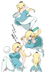  1girl alternate_costume baseball baseball_bat blue_eyes bouncing_breasts breasts crown earrings hair_over_one_eye jewelry large_breasts lips long_hair mario_(series) mario_tennis mario_tennis:_ultra_smash nintendo nm_qi racket rosalina simple_background tennis_racket thick_thighs thighs translation_request  rating:Questionable score:26 user:somedude1000