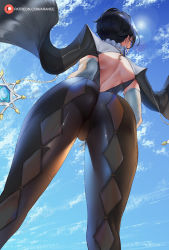 1girl araneesama ass back back_cutout bayonetta bayonetta_(series) blue_sky breasts clothing_cutout elbow_gloves gloves highres large_breasts short_hair sky solo thighs white_gloves rating:Questionable score:167 user:danbooru