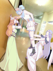 3girls absurdres bare_shoulders blue_hair blue_sash blue_scarf blurry blurry_background bracelet chinese_commentary circlet commentary_request covering_own_mouth derivative_work detached_sleeves diadem dress final_fantasy final_fantasy_xiv from_side gauntlets green_dress hair_ornament hallway hands_on_another&#039;s_knees hands_on_own_face highres indoors jewelry kabedon leaf_hair_ornament legs_apart lifting_person llymlaen long_hair meme meme_request menphina multiple_girls no_eyes nophica orange_hair own_hands_together photo_background purple_hair sash scarf school short_hair short_twintails single_gauntlet sleeveless sleeveless_dress smile standing standing_on_person twintails wavy_hair white_dress white_wings wings wo_dou_gao_shi&#039;er_shennu yuri 