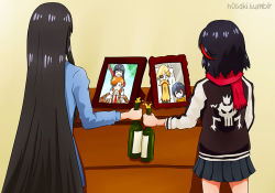 10s 2girls alcohol artist_name beard black_hair bottle champagne cheering chest_of_drawers child drink dual_persona eyepatch facial_hair father&#039;s_day father_and_daughter female_focus from_behind h0saki holding holding_bottle jacket kill_la_kill kiryuuin_satsuki kiryuuin_souichirou long_hair long_sleeves matoi_ryuuko mouse_(animal) multicolored_hair multiple_girls orange_hair photo_(object) picture_frame pleated_skirt red_hair red_scarf scarf short_hair siblings sisters skirt spoilers standing sukajan toasting_(gesture) two-tone_hair very_long_hair yellow_background