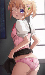  1girl absurdres ass backlighting blush clothes_lift cowboy_shot floral_print from_side gluteal_fold gochuumon_wa_usagi_desu_ka? hair_ornament highres hoto_cocoa indoors lifting_own_clothes one_eye_closed open_mouth panties pink_panties pink_vest poa_mellhen print_clothes print_panties print_underwear puffy_short_sleeves puffy_sleeves purple_eyes rabbit_house_uniform short_sleeves skirt skirt_lift solo underwear vest window 