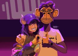  1girl 2023 bandaid bandaid_on_face bandaid_on_nose bored_ape bored_ape_yacht_club breasts cdawgva commentary dated demon_girl demon_horns english_commentary hair_between_eyes hat highres horns indie_virtual_youtuber jinmakoto1 looking_at_viewer medium_breasts monkey rainhoe smile teeth thumbs_up trash_taste twitch.tv upper_body virtual_youtuber watch yellow_eyes 