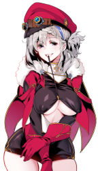  1girl alternate_costume blue_oath braid breasts cofepig french_braid fur-trimmed_jacket fur_trim gloves graf_zeppelin_(blue_oath) grey_hair highres jacket long_hair looking_at_viewer medium_breasts multicolored_hair open_mouth purple_eyes red_gloves smile solo white_background 
