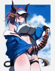  1girl animal_ears arknights bar_censor black_gloves blue_jacket blue_sky breasts censored covered_erect_nipples covered_testicles cow_ears cow_girl cow_horns cow_tail cowboy_shot crop_top erection fingerless_gloves foreskin foreskin_pull futanari gloves hair_between_eyes highres horns huge_nipples jacket large_breasts long_sleeves mirin_chikuwa navel phimosis precum purple_hair sideroca_(arknights) sideroca_(light_breeze)_(arknights) sky solo tail thigh_strap visor_cap yellow_eyes 