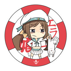  10s 1girl alson anchor_symbol batsubyou black_eyes bow brown_hair cat chibi error_musume girl_behind_a_cat_(kancolle) girl_holding_a_cat_(kancolle) hair_bow hair_ribbon hand_on_own_hip hat holding kantai_collection navel pleated_skirt ribbon school_uniform serafuku skirt translation_request twintails 