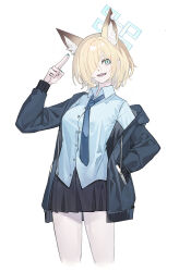  1girl alternate_hair_length alternate_hairstyle animal_ear_fluff animal_ears arms_up blonde_hair blue_archive blue_halo blue_necktie blue_shirt collared_shirt cowboy_shot dog_ears echj extra_ears hair_over_one_eye halo hand_in_pocket highres jacket kanna_(blue_archive) necktie open_clothes open_jacket pleated_skirt salute sharp_teeth shirt skirt smile teeth two-finger_salute white_background 